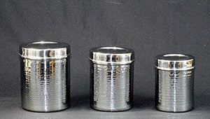 Set of 3 canisters, stainless steel, hammered, shinny